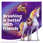 Unicorn Academy character and unicorn on purple glitter background with message “Brushing is better with friends” and Unicorn Academy logo.