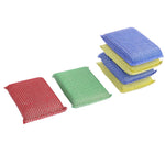 Assorted rectangular mesh dish scrub pads laid out in a row with a stacked pile at one end on a white background.