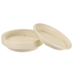 Stack of beige round plastic plant saucers shown on white background, one tilted forward to show depth