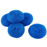 Group of five round blue mesh scouring pads arranged on a white background