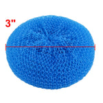 Close-up of a single round blue mesh dish scrubber pad with 3" callout overlay