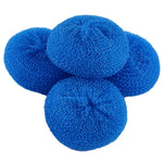 Four round blue mesh scouring pads stacked and overlapping, showing textured netting