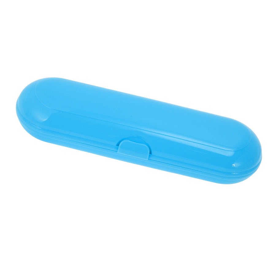 Closed glossy blue plastic toothbrush travel case photographed on white background.