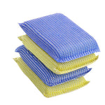Close stacked view of blue and yellow rectangular mesh dish scrub pads photographed on white.