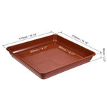 brown square plastic plant drip tray with dimensional measurements and arrows overlay