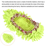 Green chenille shoe cover displayed with product description text above and a small inset showing folded cover.