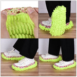 Four-panel lifestyle collage showing hands stretching the floral elastic and people wearing green chenille mop shoe covers over sneakers.