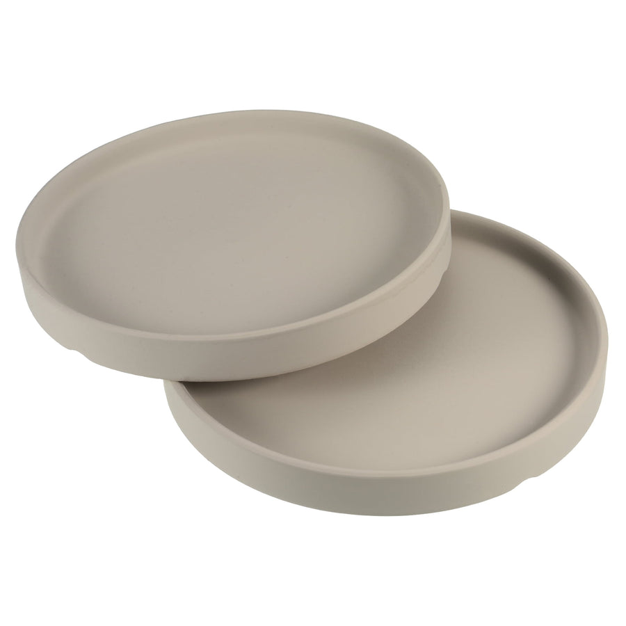 Two gray glazed ceramic round planter saucers stacked, shallow rim and smooth matte finish.