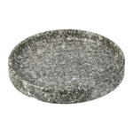 Round gray speckled ceramic planter saucer with shallow rim, marble-like textured surface