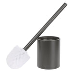 Gray stainless-look toilet brush with white bristles and matching cylindrical holder on white background