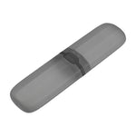 Gray plastic travel toothbrush case with central black latch, shown closed on white background