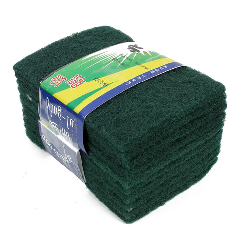 Stack of dark green rectangular scouring pads wrapped in product label banding