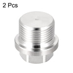 Stainless steel male hex-head threaded plug photographed on white background with visible "2 Pcs" text above the part.