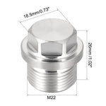 Close-up stainless steel hex-head threaded plug with dimensional callouts showing 18.5mm and 26mm measurements.