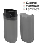 Two gray plastic halves of a toothbrush case with black interior latch and text callouts reading Dustproof, Waterproof, Lightweight