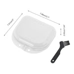 Clear retainer case and small black cleaning brush with overlaid dimensions and arrows indicating length and height