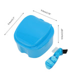 Blue orthodontic retainer case with cleaning brush and overlaid dimension arrows showing approximate product measurements