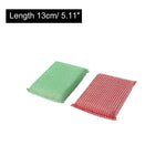 Two rectangular mesh scrub pads, green and red, shown with a visible label reading Length 13cm / 5.11" above them.