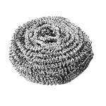 Single round stainless steel scouring pad shown against a white background in close view
