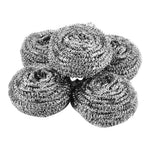 Stacked round stainless steel wire scouring pads photographed on a white background