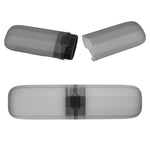 Gray plastic toothbrush case shown both assembled and separated to display interior and exterior views