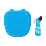 Top-down view of a closed blue retainer case next to a small blue-handled dual brush on white background