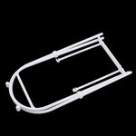 White plastic trash bag frame holder laid flat showing hooked connectors and arched top section on black background.