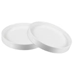Two white ceramic round plant saucers shown overlapping on a white background