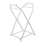 White foldable plastic trash bag frame holder with crossed legs and rounded top on a white background.
