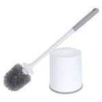 White and gray toilet brush with round gray bristles and matching white holder on white background