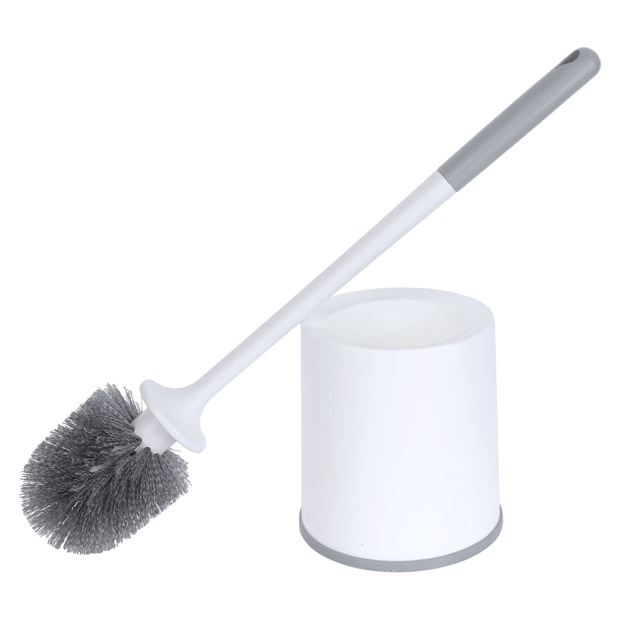 White and gray toilet brush with round gray bristles and matching white holder on white background