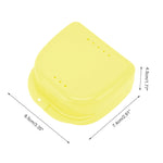 Yellow retainer case photographed with dimension arrows and measurements on a white background.