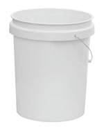 Open-top white utility bucket shown at slight angle, metal handle visible against a plain white background