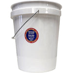 White 5-gallon bucket with metal handle and circular food-grade/red-blue sticker on the side