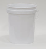 Plain white 5-gallon bucket with metal handle photographed against a neutral studio background
