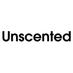 Bold black text reading 'Unscented' on a white background in a simple typographic graphic.