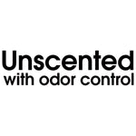 Bold black text reading ‘Unscented with odor control’ on a white background as a product feature graphic