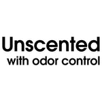 Bold black text on white background stating ‘Unscented with odor control’ in a simple typographic style