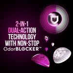 Graphic panel showing 2-in-1 dual-action technology with stylized scent beads and an OdorBlocker shield icon on a dark background