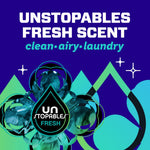 Graphic panel with Unstopables Fresh scent branding and stylized droplets and mountain shapes on a blue background.