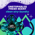 Bold graphic reading 'Unstopables Fresh Scent' with stylized droplets and laundry-themed design elements over foamy background