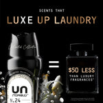 Advertising graphic with black Unstopables bottle and text "Luxe Up Laundry" equated to a luxury perfume bottle savings claim