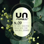 Close-up label graphic for Unstopables N.09 listing top notes eucalyptus, middle pine, base cedarwood with green beads