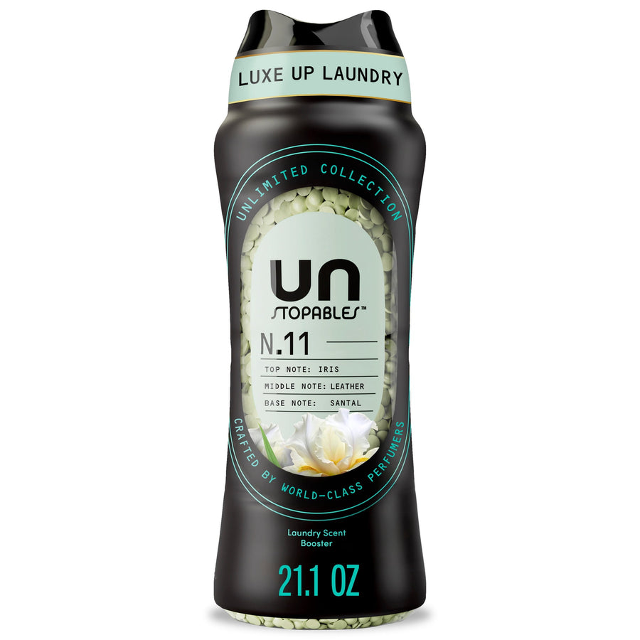 Single black bottle of Unstopables N.11 laundry scent beads with visible teal label and beads through window.