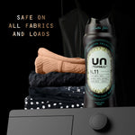 Unstopables N.11 bottle beside folded clothes and washer dial with text stating safe on all fabrics and loads.