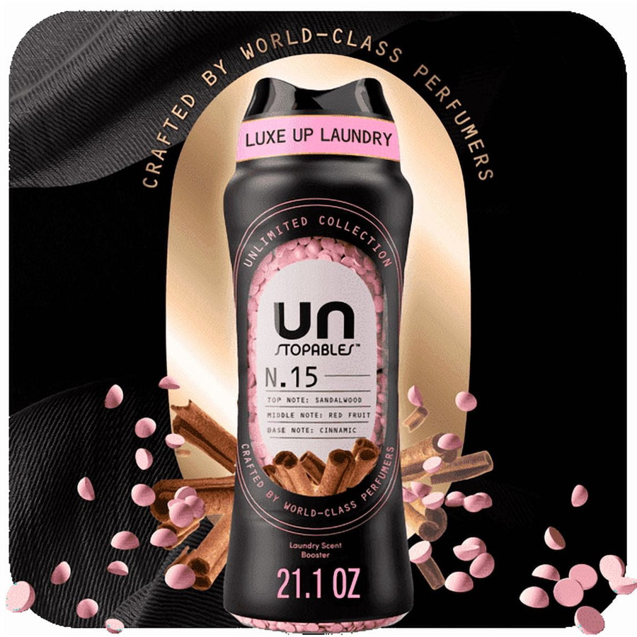Unstopables N.15 in‑wash laundry scent booster bottle showing pink fragrance beads and cinnamon stick imagery