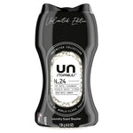 Close-up product shot of a black Unstopables N.24 laundry scent booster bottle showing label and visible white beads.