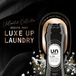 Black Unstopables N.24 bottle with surrounding white flowers and gold text reading "Luxe Up Laundry"