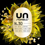 Close-up label graphic for Unstopables N.30 showing scent notes and stylized yellow flower with floating beads