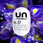 Close-up label graphic for Unstopables N.37 listing top, middle and base notes over a background of vivid purple flowers and scent beads.